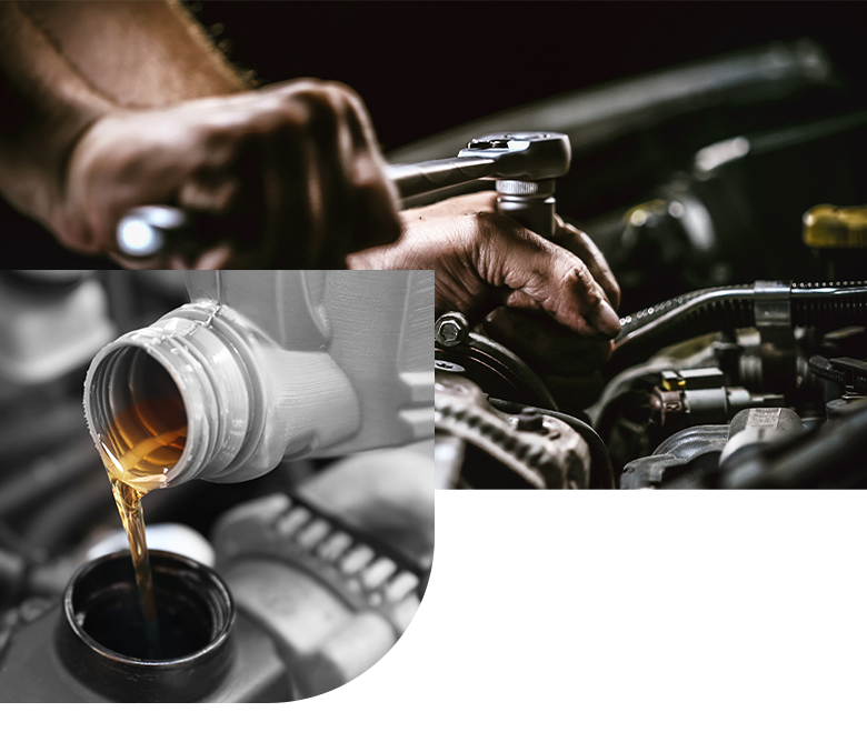 A mechanic's hand using tools to work on a car engine. Close up of engine oil being poured from a bottle overlaps the image on the bottom left corner.